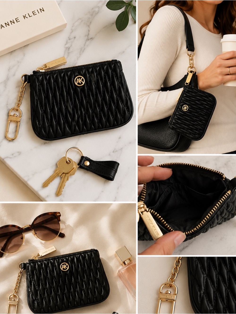 Anne Klein Black Quilted Mini Pouch with Gold Hardware